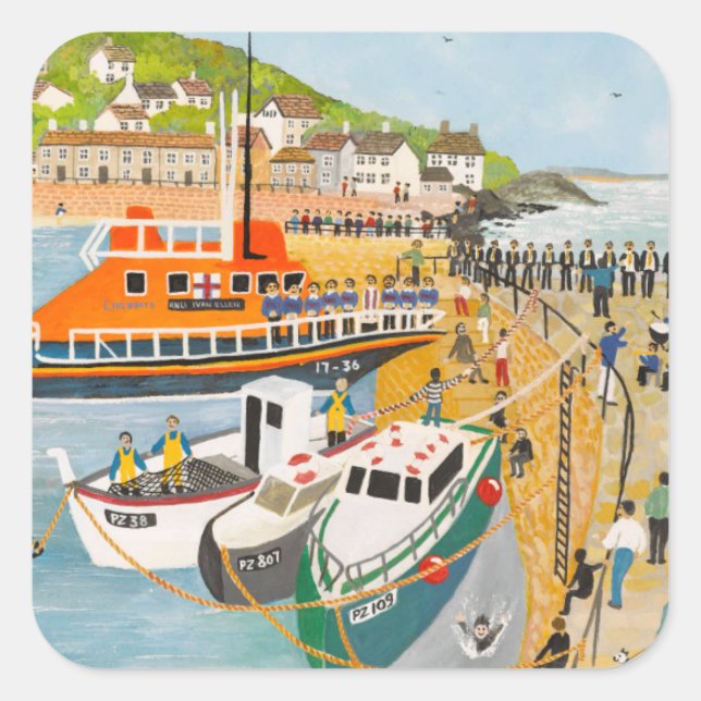 Blessing of the Lifeboat at Mousehole Square Sticker (Front)