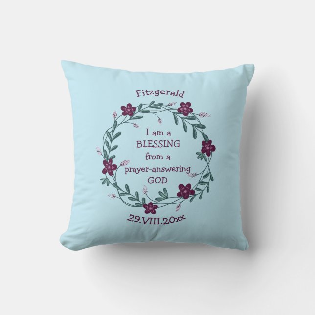 BLESSING PRAYER ANSWERING GOD | Floral Baby BLUE Throw Pillow (Front)