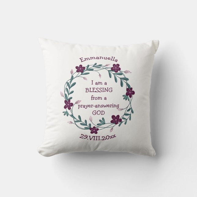 BLESSING PRAYER ANSWERING GOD | Floral Wreath Throw Pillow (Front)