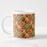Blessings Abound Always Autumn Design Giant Coffee Mug<br><div class="desc">Celebrate the warmth of fall with this cheerful "Blessings Abound Always" design, bursting with cozy seasonal vibes. Surrounded by vivid autumn leaves in shades of crimson, gold, and burnt orange, this playful composition features plaid-patterned typography that radiates rustic charm. The inclusion of pumpkins, a classic football, and a whipped cream-topped...</div>