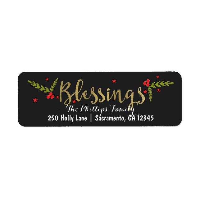 Blessings Black Gold & Red Christmas Holiday Card Label (Front)