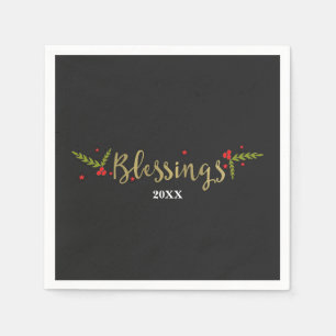 Blessings Black Gold & Red Christmas Holiday Party Paper Napkins