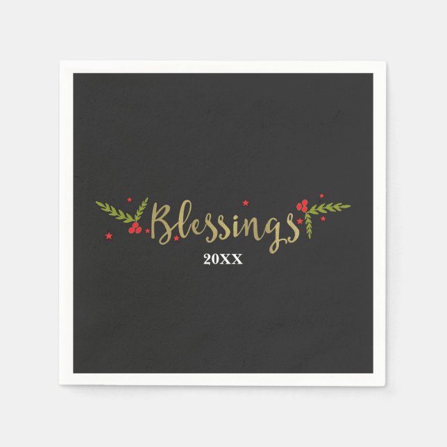 Blessings Black Gold & Red Christmas Holiday Party Paper Napkins (Front)