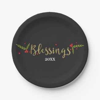 Blessings Black Gold & Red Christmas Holiday Party Paper Plate