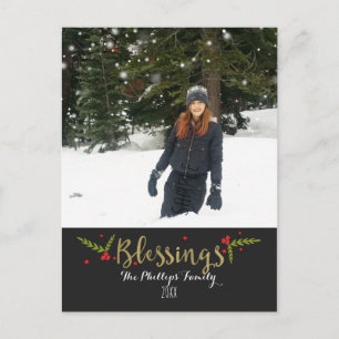 Blessings Black Gold & Red Christmas Holiday Photo Postcard
