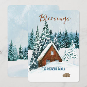 Blessings Blue Watercolor Winter Scape Christmas Holiday Card