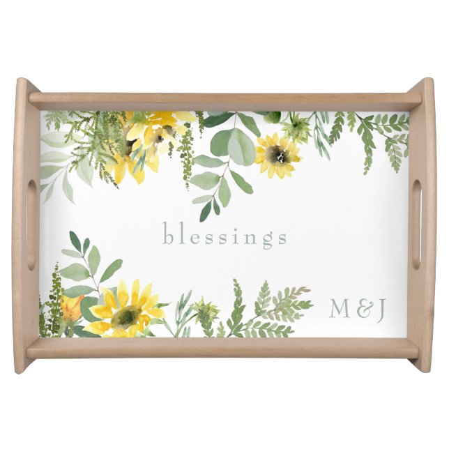 Blessings Colorful Foliage & Sunflower Monogram Serving Tray (Front)