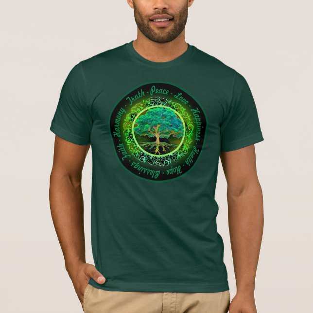 Blessings, Faith, Harmony Tree of Life in Green T-Shirt (Front)