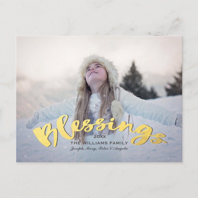 Blessings Faux Gold Script Holiday Christmas Photo Postcard (Front)