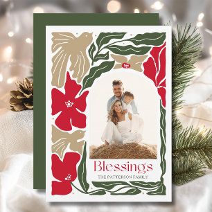 Blessings Floral Modern Christmas Family Photo Holiday Card