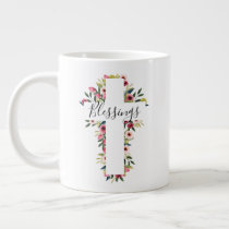 Blessings Floral Watercolor Religious Cross Giant Coffee Mug