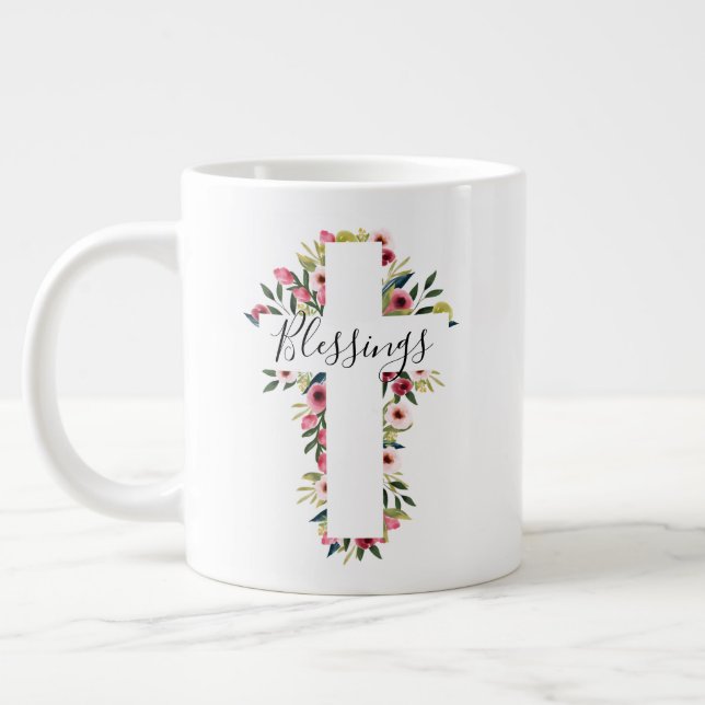 Blessings Floral Watercolor Religious Cross Giant Coffee Mug (Left)