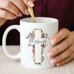 Blessings Floral Watercolor Religious Cross Giant Coffee Mug<br><div class="desc">We've designed this beautiful floral cross corner mug. Our design features our beautiful hand drawn watercolor florals. Soft plush pinks,  and lush greenery creates the impression of a religious cross. "iBlessings" is displayed inside the cross. All illustrations are hand drawn original artwork by Moodthology.</div>