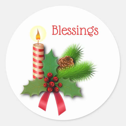 Blessings Holly Candle With Red Ribbon Classic Round Sticker