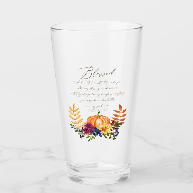 Blessings in abundance fall pumpkins and mums glass (Front)