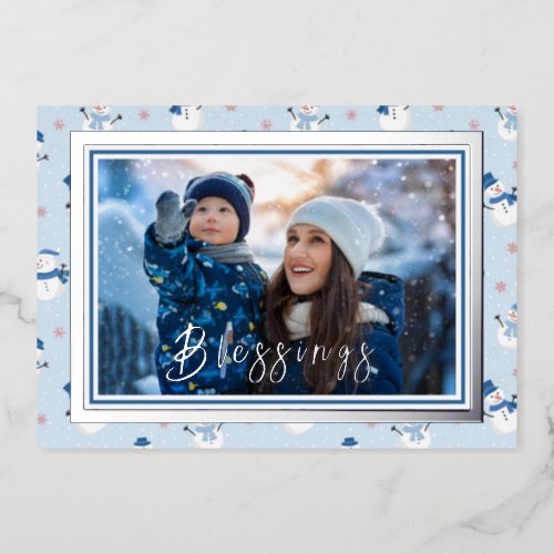 Blessings Mom  Baby Photo Blue Snowmen Silver Foil Holiday Card