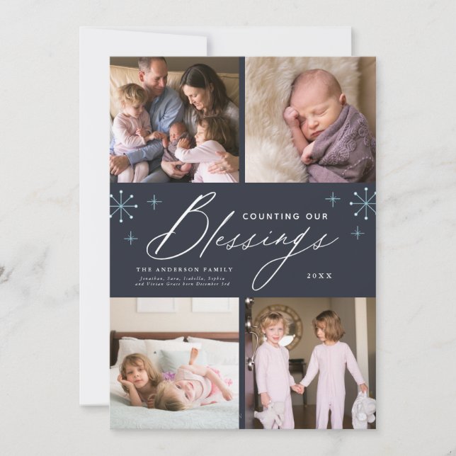 Blessings New Baby 4 Photo Christmas Holiday Card (Front)