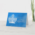 Blessings of the Menorah Holiday Card<br><div class="desc">5” x 7” Christmas greeting card with an image of a white menorah topped with a Star of David and a holiday sentiment on blue. The inside customizable text reads “May this joyous season bring you peace, health, and happiness throughout the coming year”. Image of a blue Star of David...</div>