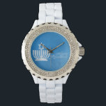 Blessings of the Menorah Watch<br><div class="desc">Women’s rhinestone white enamel watch with an image of a pale blue and white menorah topped with a Star of David on grungy blue. See matching square button,  square charm and rectangular double-sided acrylic keychain. See the entire Hanukkah Watch collection under the ACCESSORIES category in the HOLIDAYS section.</div>