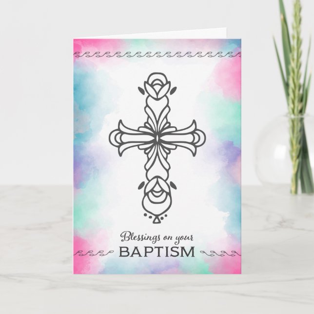 Blessings on your Baptism with Cross/Watercolor Card (Front)