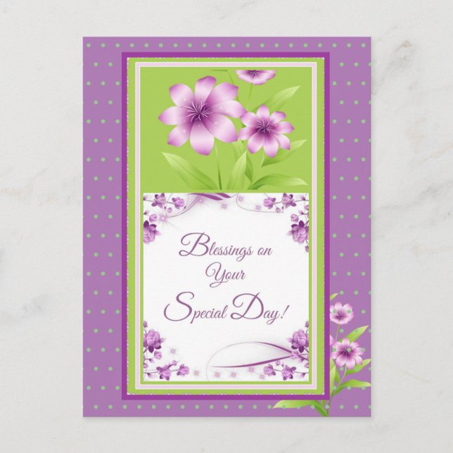 Blessings on Your Special Day purple flowers Dots Postcard (Front)