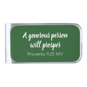 Blessings Prosperity Bible Verse Dark Green Simple Silver Finish Money Clip