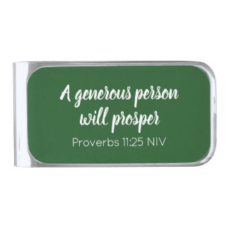 Blessings Prosperity Bible Verse Dark Green Simple Silver Finish Money Clip