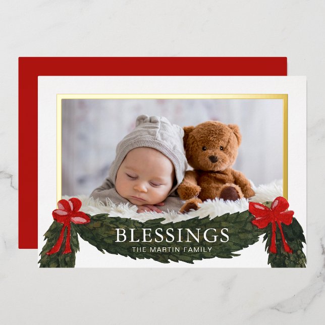 Blessings Religious Christmas Photo Foil Holiday Card (Front/Back)