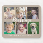 Blessings Script 6 Photos Tan Mouse Pad<br><div class="desc">This mouse pad offers a simple design with 6 photo frames for pictures of your family or friends. Trendy handwritten style calligraphy reads: "Blessings". Personalize this tan mouse pad with your family name.</div>