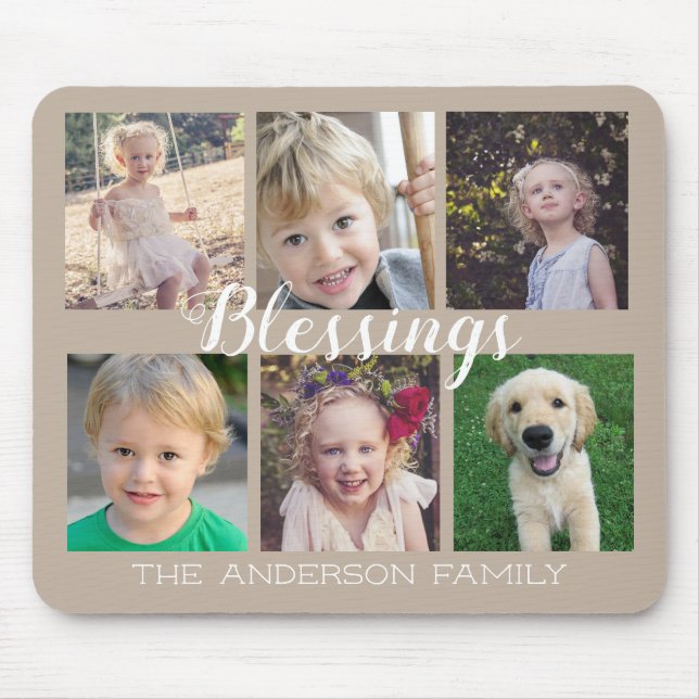Blessings Script 6 Photos Tan Mouse Pad (Front)