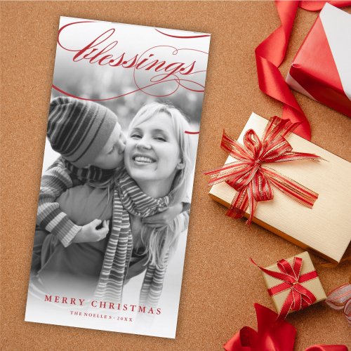 Blessings Script Religious Christmas Elegant Photo Holiday Card
