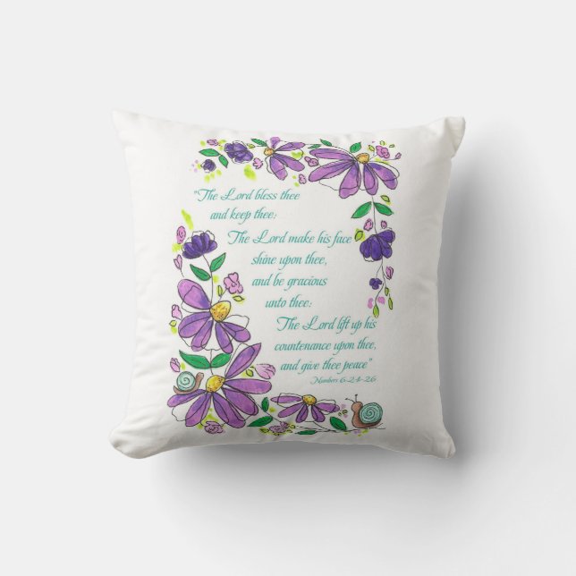 Blessings Scripture Numbers 6:24-26 Purple Floral  Throw Pillow (Front)