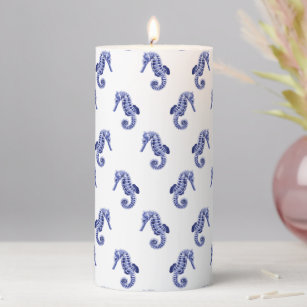 Bleu and white seahorses pillar candle