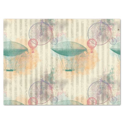 Blimps Balloons and Bicycles on Striped Decoupage Tissue Paper