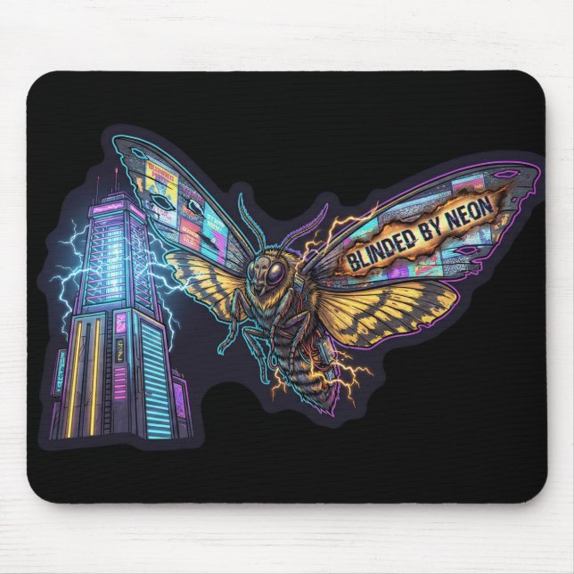 Blinded By Neon – Cyberpunk Moth City Lights Mouse Pad (Front)
