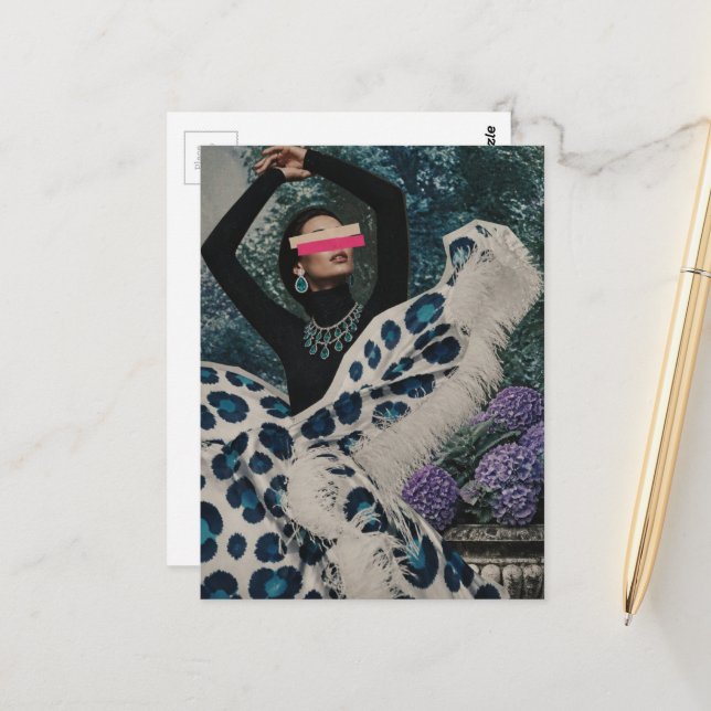 Blindfolded Woman Dances in Garden Fashion Collage Postcard (Front/Back In Situ)