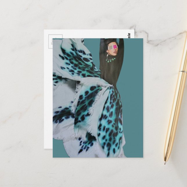 Blindfolded Woman Fashion Collage Postcard (Front/Back In Situ)