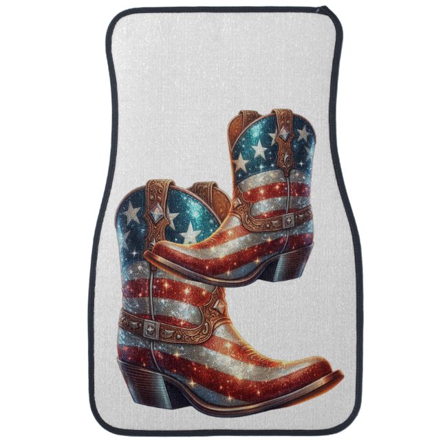 Bling American Flag Cowboy Boots Car Floor Mat (Front)