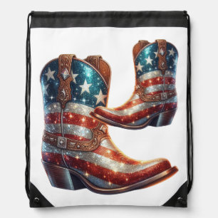 Bling American Flag Cowboy Boots Drawstring Bag