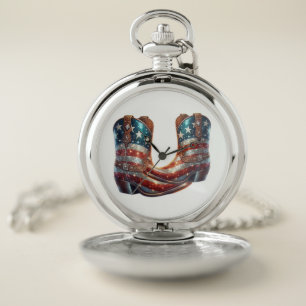 Bling American Flag Cowboy Boots Pocket Watch