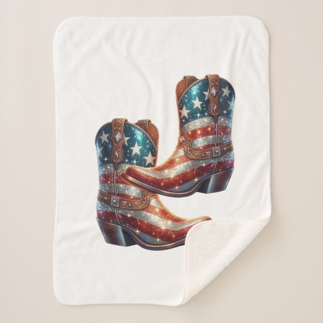 Bling American Flag Cowboy Boots Sherpa Blanket (Front)
