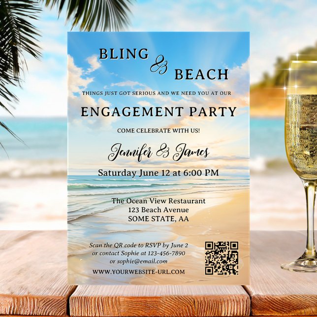 Bling and Beach Photo Engagement Invitation (Modern engagement party invitation featuring a watercolor painting of a beach on a beautiful day)