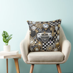 bling black white gold checks  throw pillow