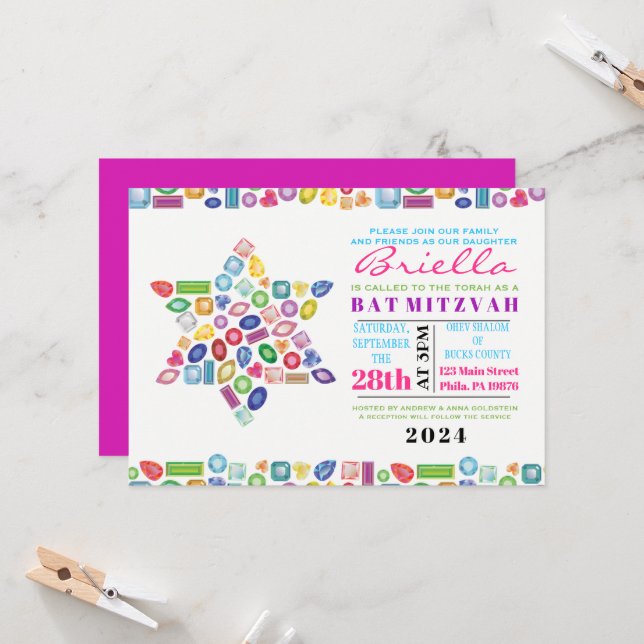 BLING BLING Gemstone Bat Mitzvah Invitation (Front/Back In Situ)