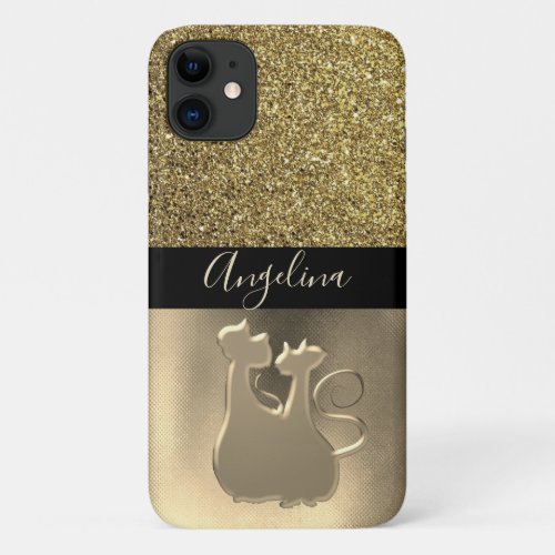 Bling Bling Gold Glitter and Black Cats Name iPhone 11 Case