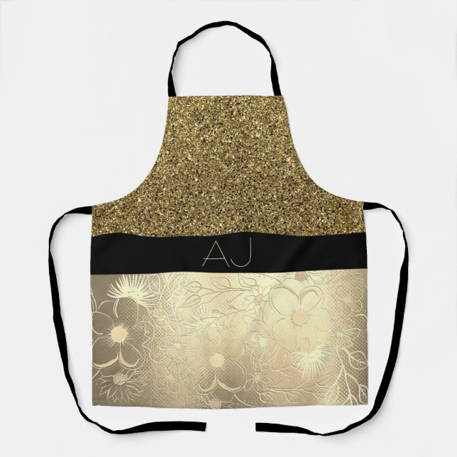Bling Bling Gold Glitter and Black Floral Initials Apron (Front)