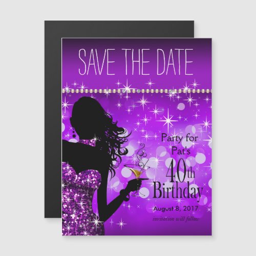 Bling Bombshell Sparkle Save the Date  purple Magnetic Invitation