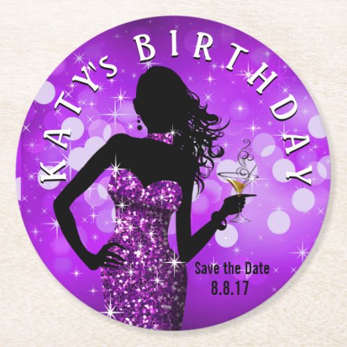 Bling Bombshell Sparkle Save the Date  purple Round Paper Coaster