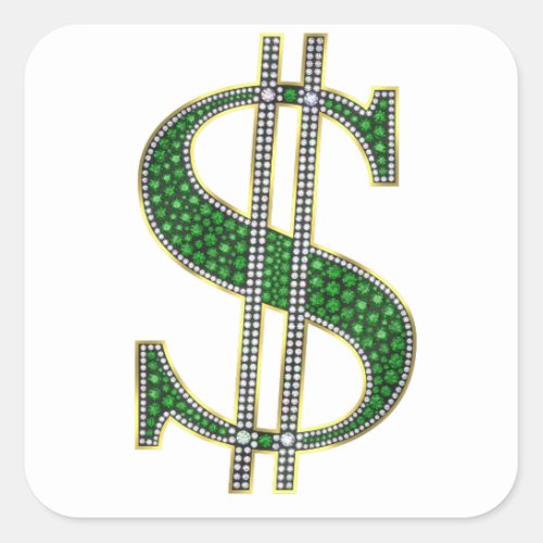 Bling Dollar Sign Diamond Emerald Gem Square Sticker