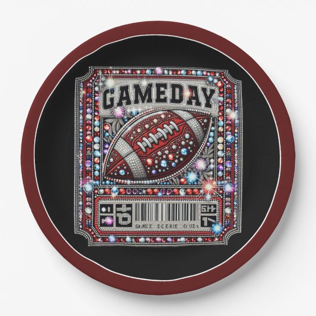Bling Football Party Big Game Bowl Gameday Ticket Paper Plates (Front)